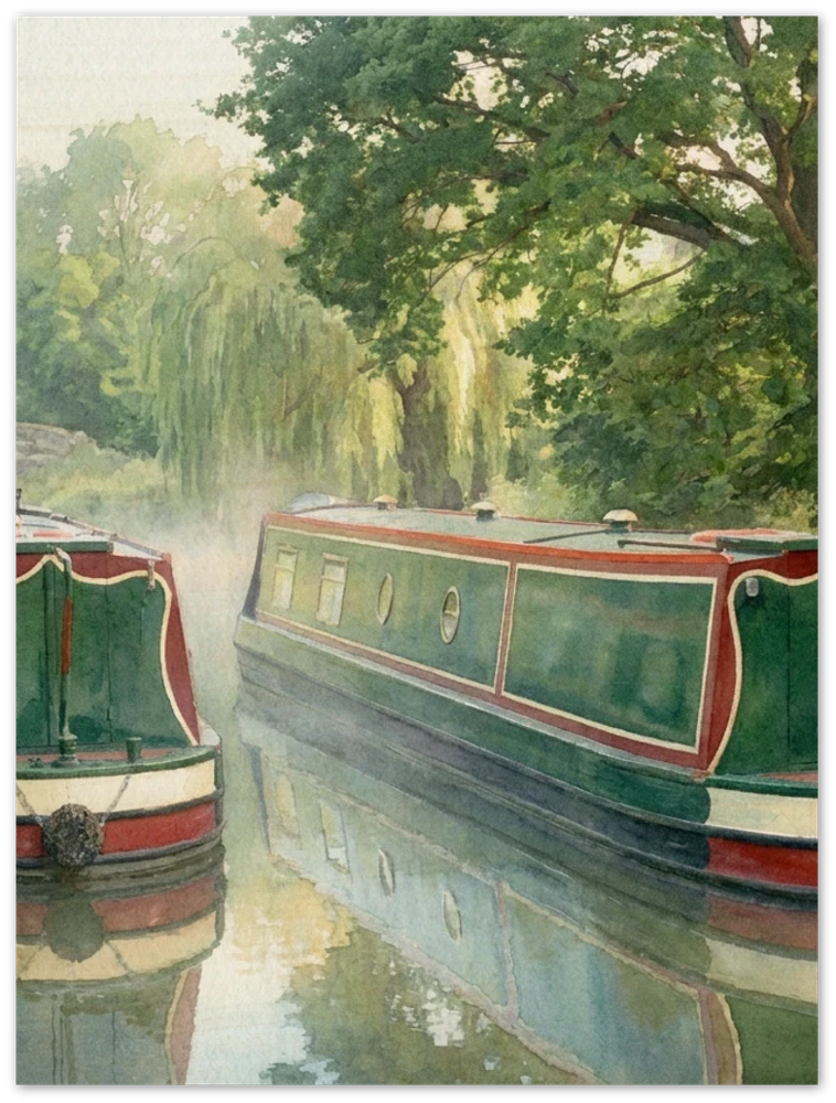 Gelato product render: an example narrowboat watercolour, standing in for your own photograph, printed on a frameless wood panel, shown face-on