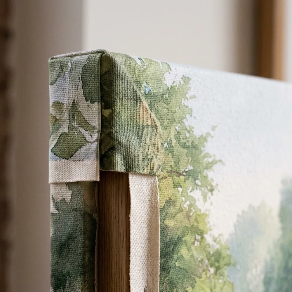 Corner of a gallery-wrapped canvas print showing texture and deep wrap