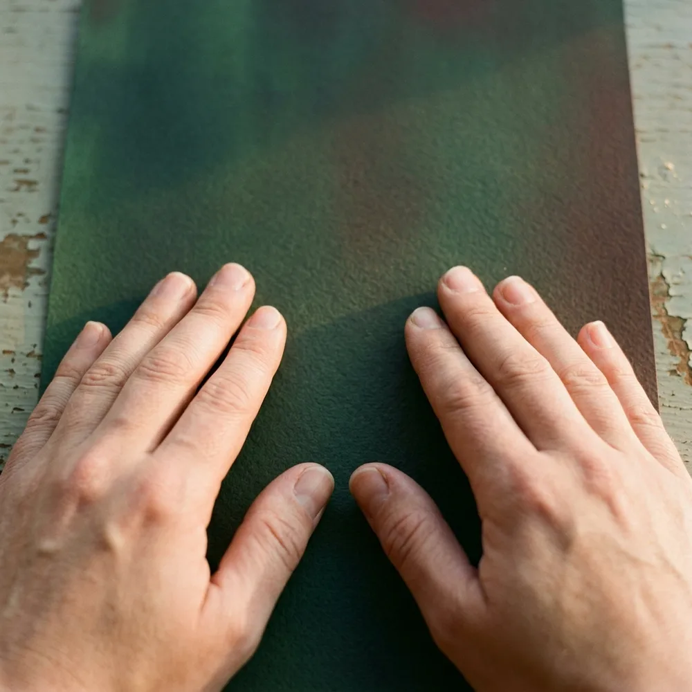 A pair of hands smoothing a print on a table