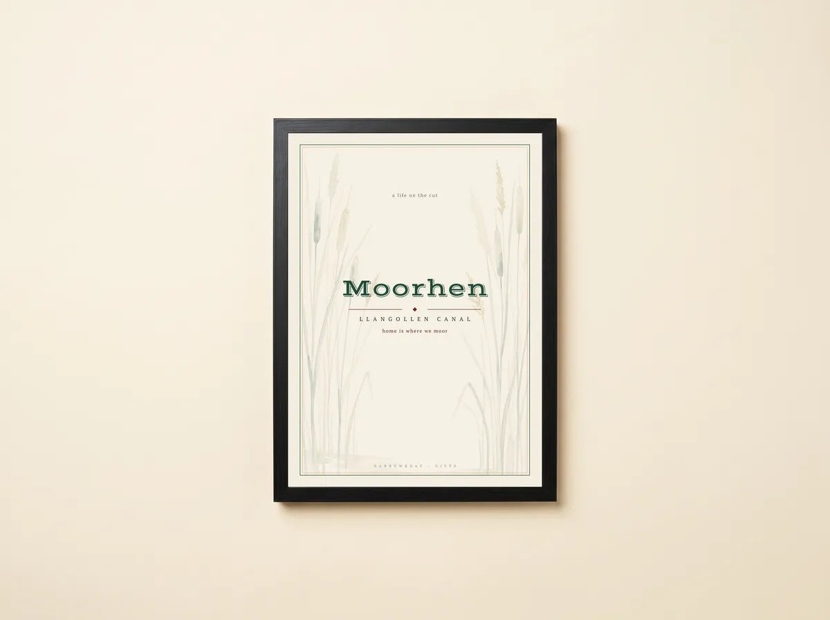 A name print, Moorhen on the Llangollen Canal, in a black frame. Example layout.