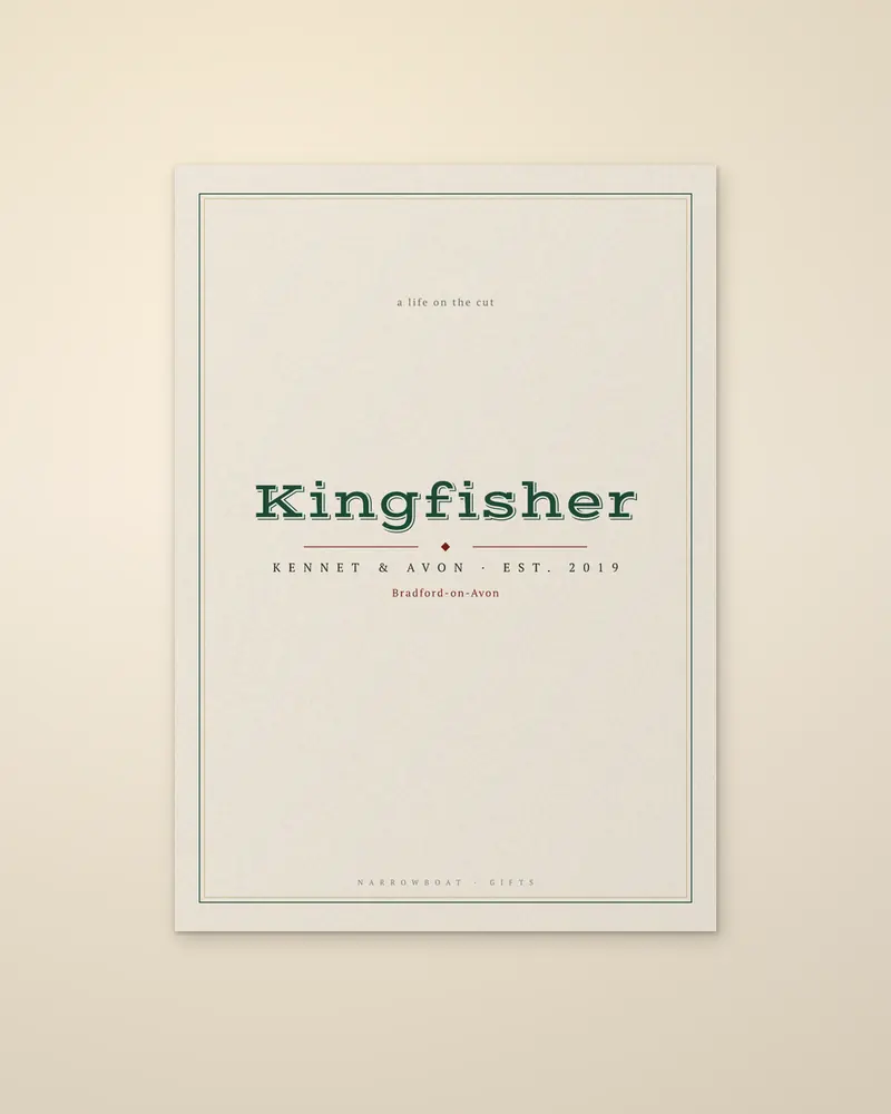 Example name print, Kingfisher, as an unframed paper poster on a wall