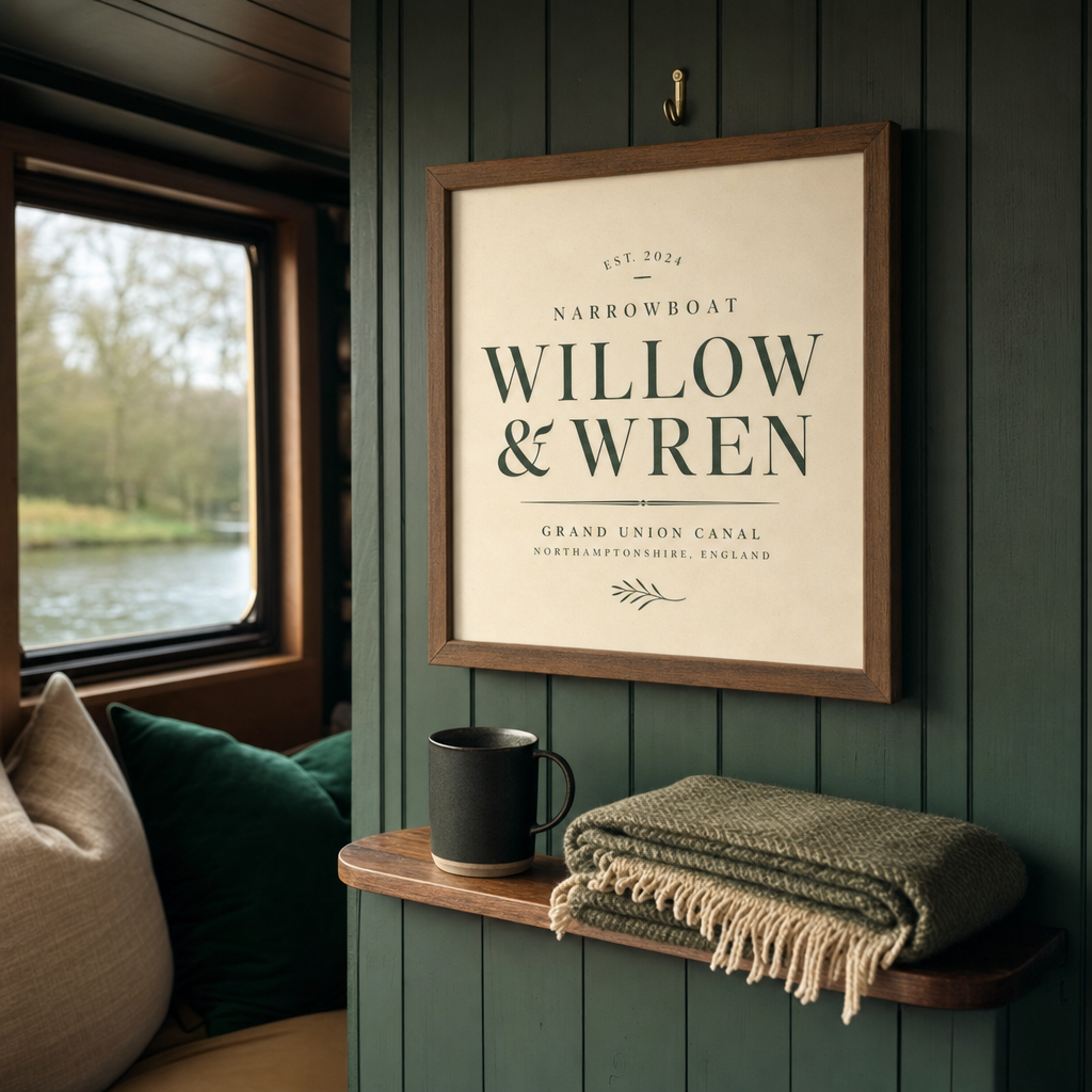 A framed personalised boat name print — Willow & Wren, Grand Union Canal — given as a gift, hung on a bottle-green panelled narrowboat cabin wall in soft window light