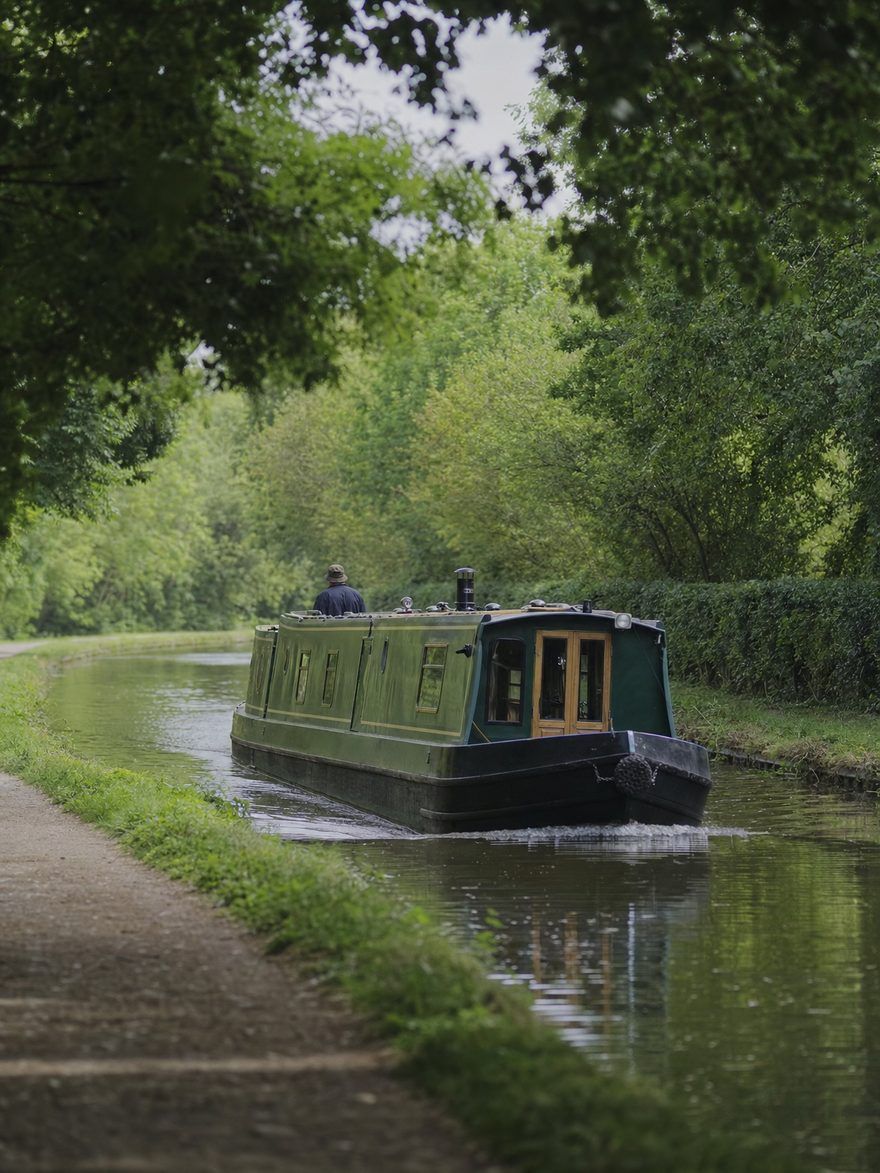 A traditional English narrowboat cruising a tree-lined canal seen from the towpath, printed as a photograph.