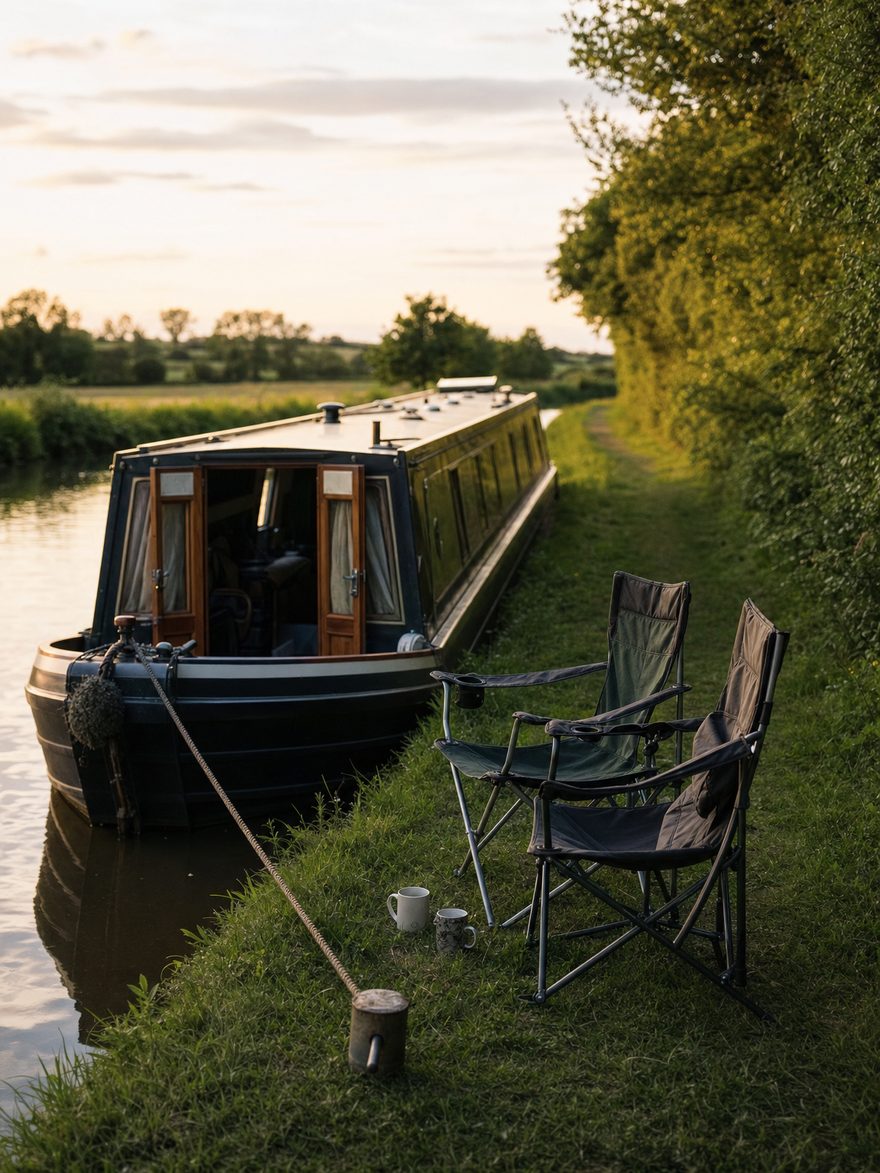 A hire narrowboat moored on a grassy rural towpath on a summer evening, printed as a photograph.
