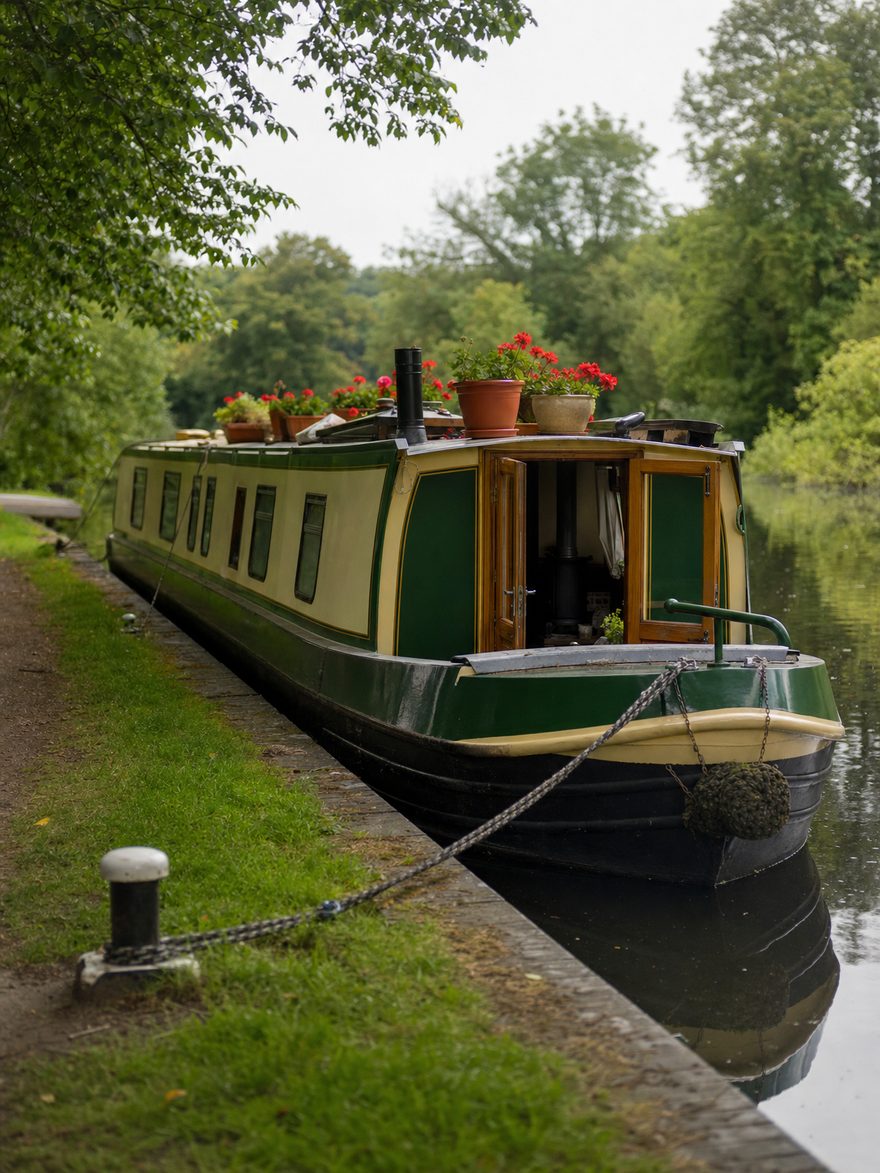 A traditional English narrowboat moored on a quiet canal in soft overcast light, printed as a photograph.
