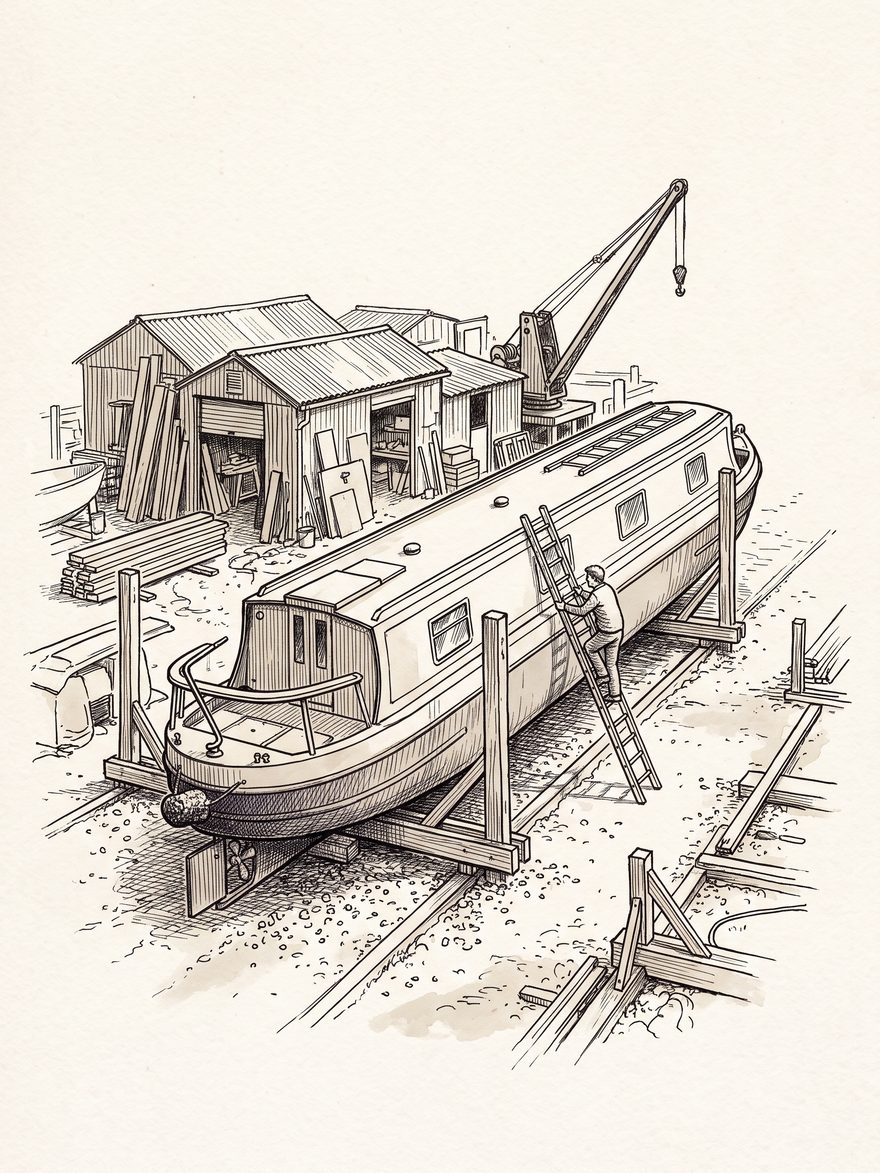 A narrowboat propped in a cradle for survey in a canal boatyard, as a pen-and-ink drawing.