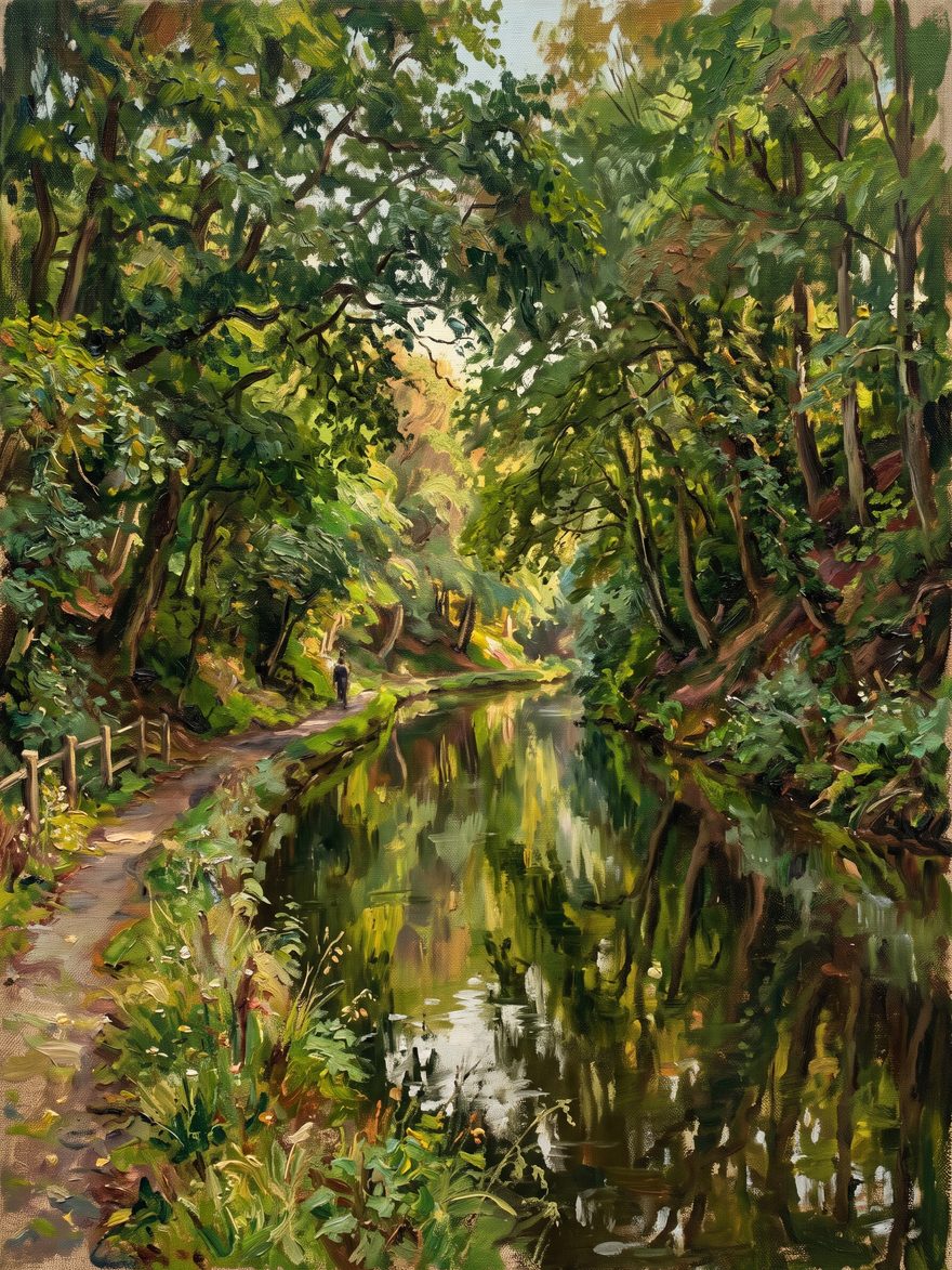 A quiet English canal running through a deep wooded cutting, as an oil painting.