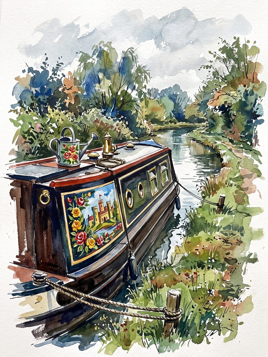 A traditional English narrowboat moored on a canal, as a loose watercolour and gouache painting.