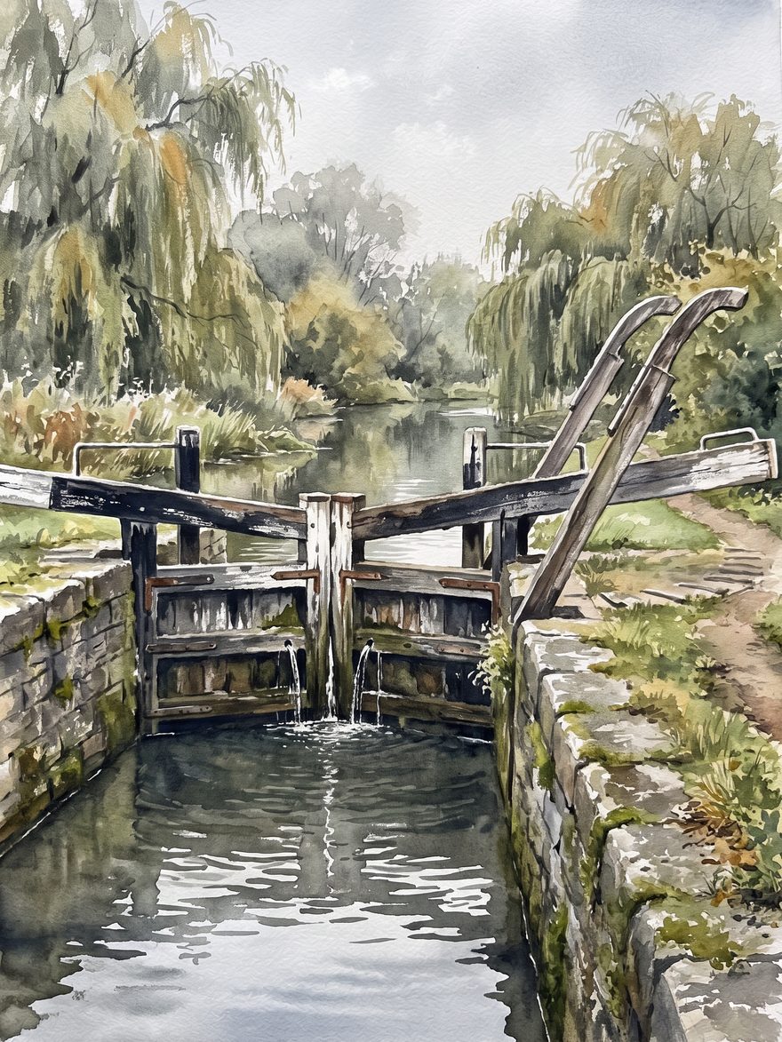 A pair of weathered wooden canal lock gates closed across a narrow English canal, as a watercolour.