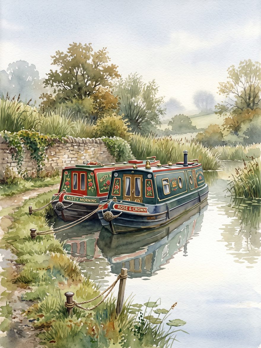 Two traditional English narrowboats moored end to end along a canal towpath on a still morning, as a watercolour.