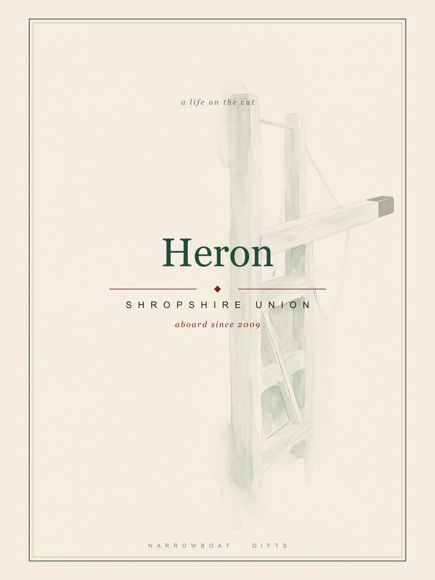 Narrowboat name print reading Heron, with Shropshire Union and “aboard since 2009” set beneath it.