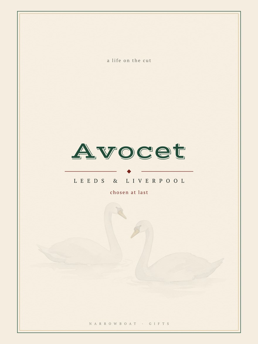 Narrowboat name print reading Avocet, with Leeds & Liverpool and “chosen at last” set beneath it.