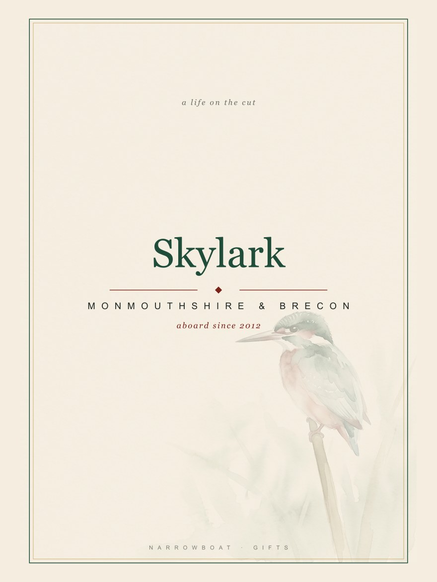 Narrowboat name print reading Skylark, with Monmouthshire and Brecon and “aboard since 2012” set beneath it.