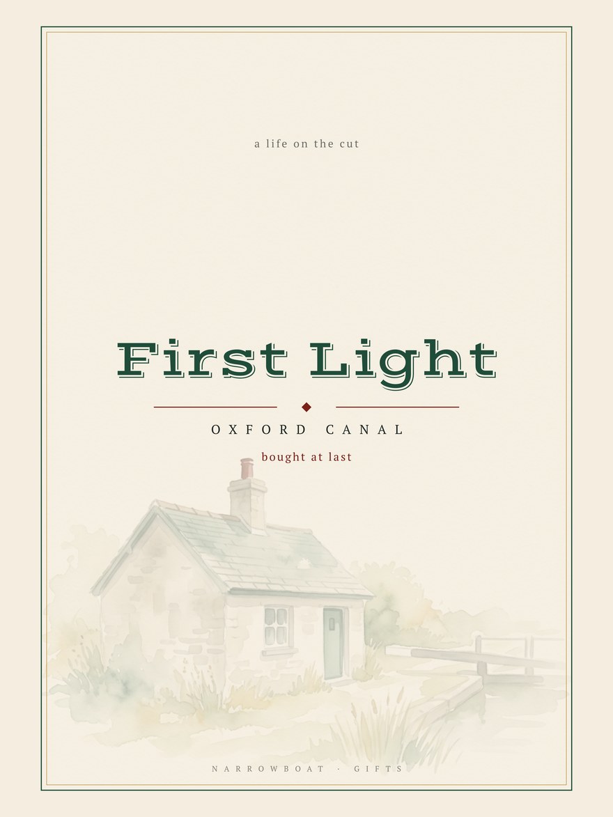 Narrowboat name print reading First Light, with Oxford Canal and “bought at last” set beneath it.
