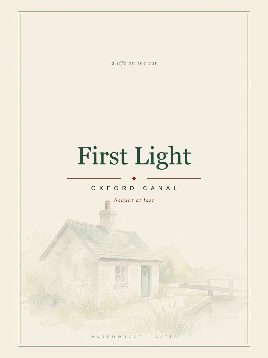 Narrowboat name print reading First Light, with Oxford Canal and “bought at last” set beneath it.