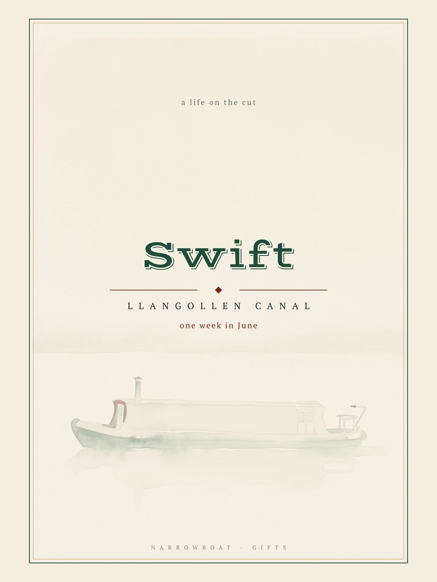 Narrowboat name print reading Swift, with Llangollen Canal and “one week in June” set beneath it.