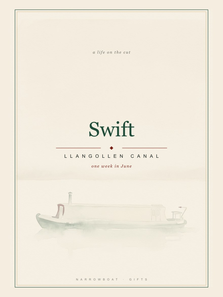 Narrowboat name print reading Swift, with Llangollen Canal and “one week in June” set beneath it.