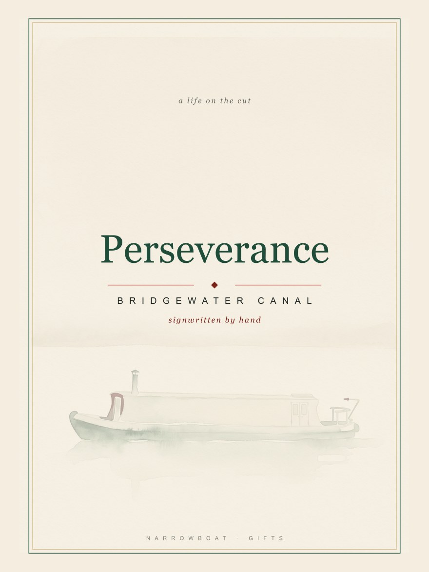 Narrowboat name print reading Perseverance, with Bridgewater Canal and “signwritten by hand” set beneath it.