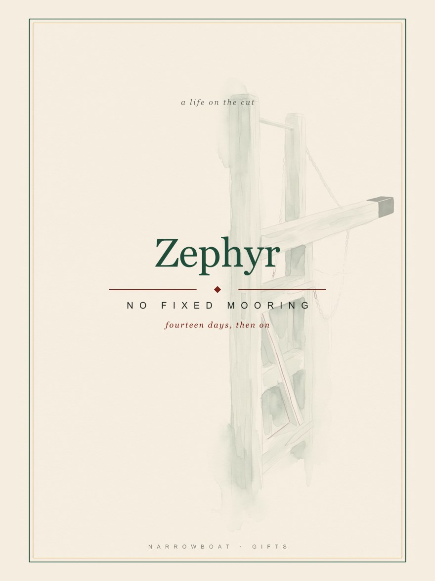 Narrowboat name print reading Zephyr, with No Fixed Mooring and “fourteen days, then on” set beneath it.
