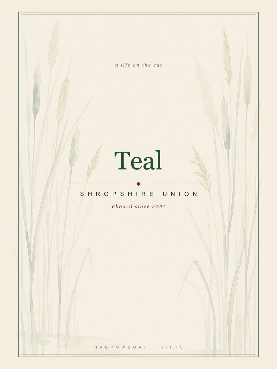 Narrowboat name print reading Teal, with Shropshire Union and “aboard since 2021” set beneath it.