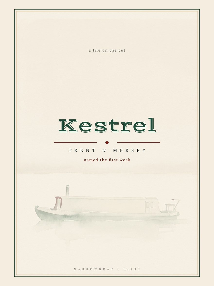 Narrowboat name print reading Kestrel, with Trent & Mersey and “named the first week” set beneath it.