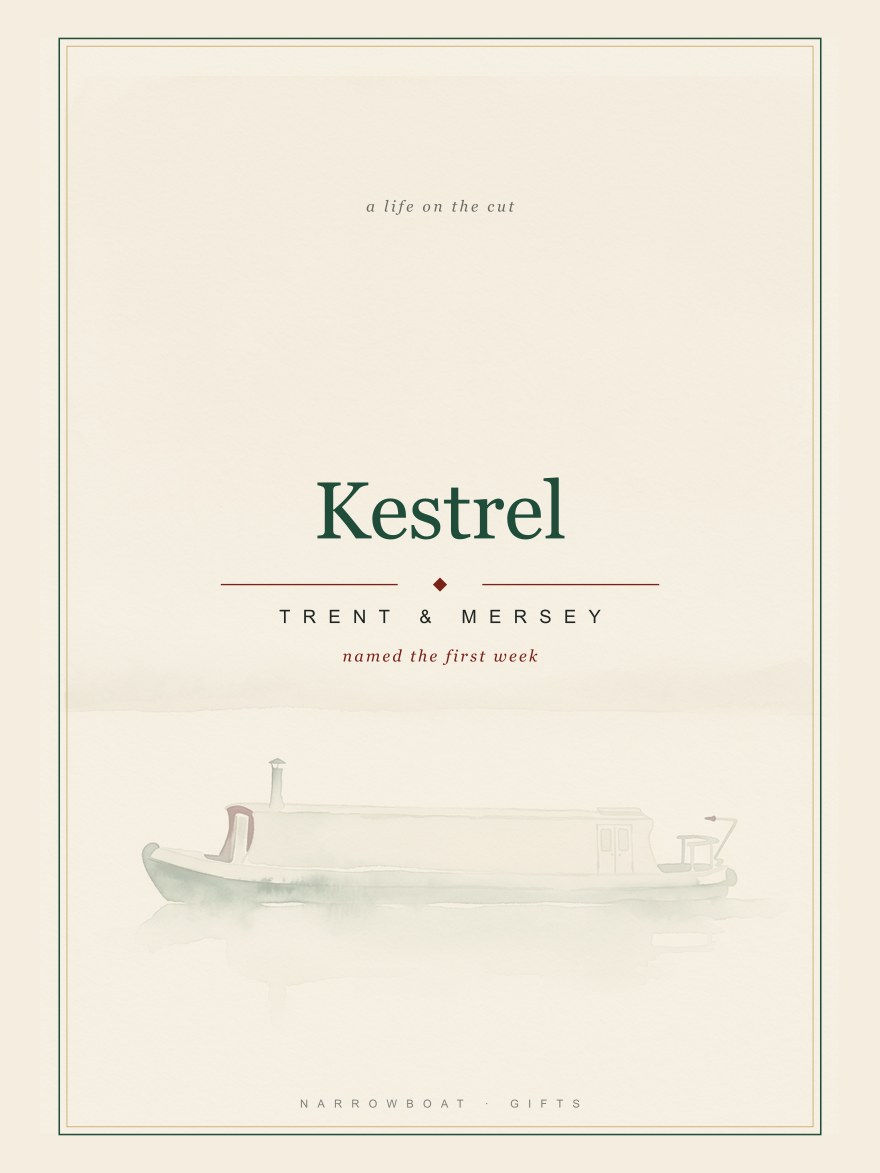 Narrowboat name print reading Kestrel, with Trent & Mersey and “named the first week” set beneath it.
