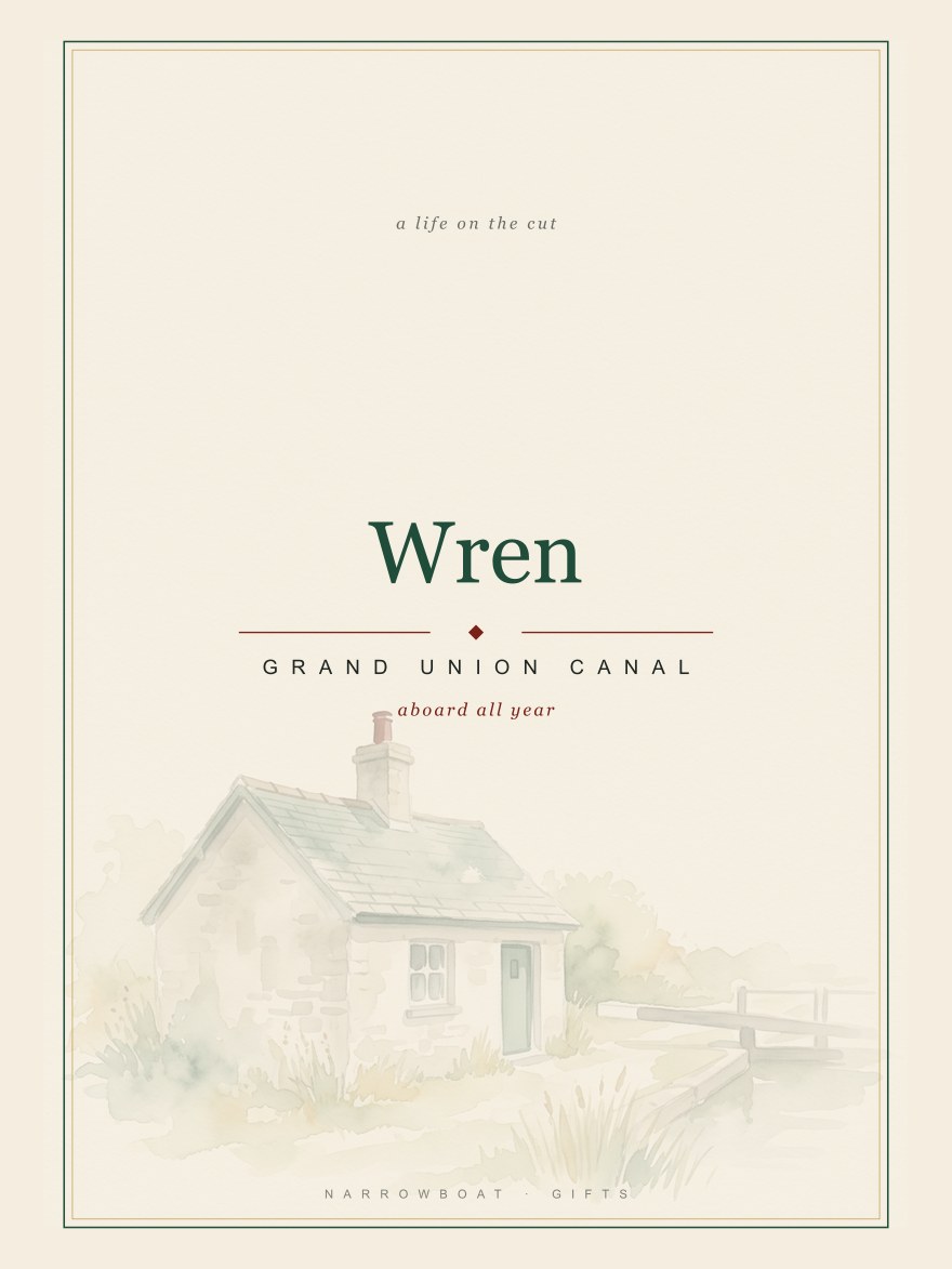 Narrowboat name print reading Wren, with Grand Union Canal and “aboard all year” set beneath it.