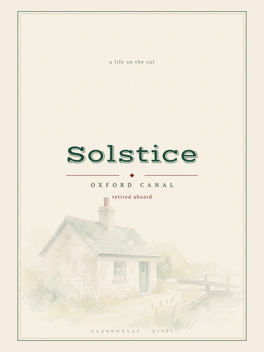 Narrowboat name print reading Solstice, with Oxford Canal and “retired aboard” set beneath it.
