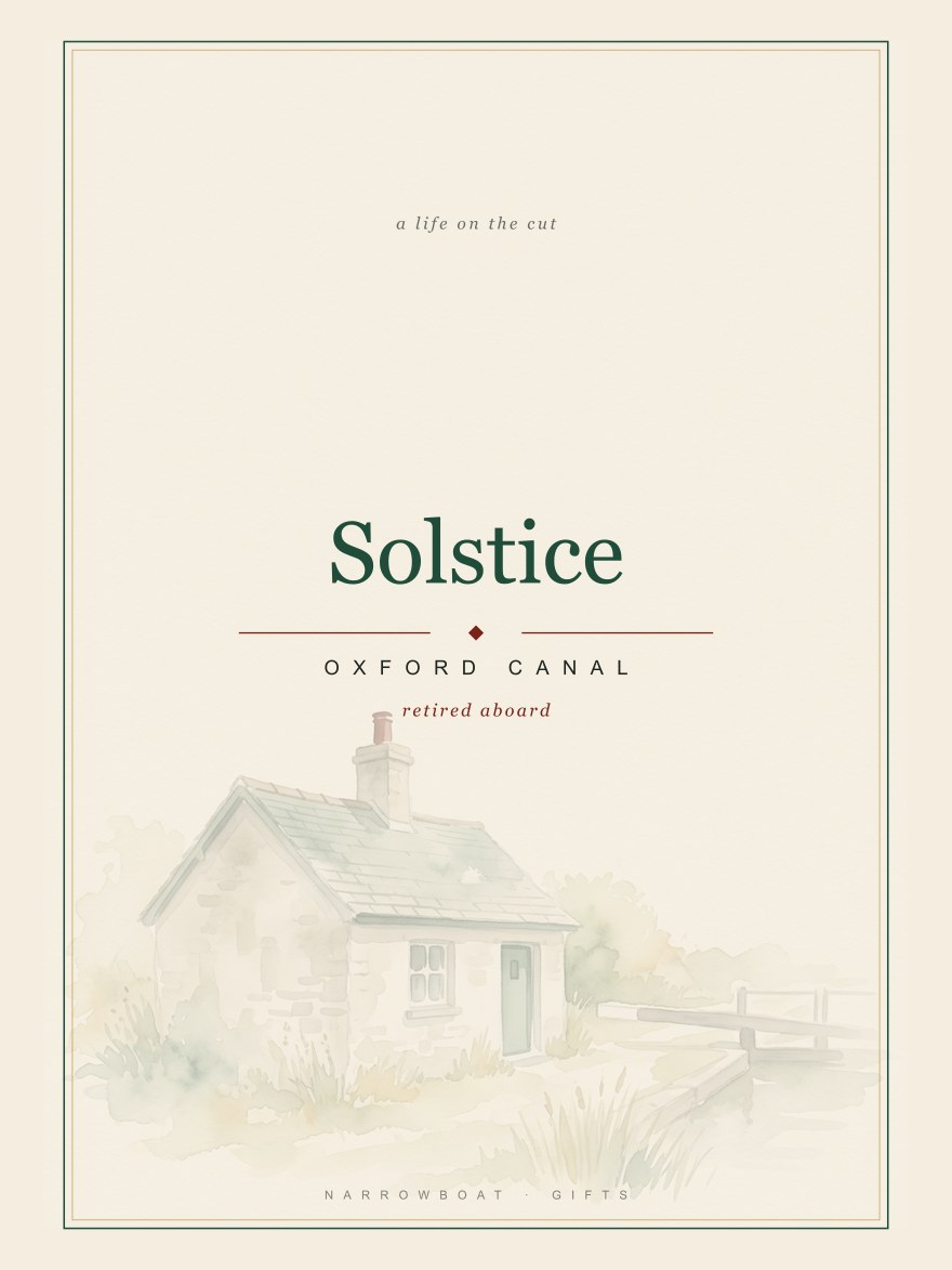Narrowboat name print reading Solstice, with Oxford Canal and “retired aboard” set beneath it.