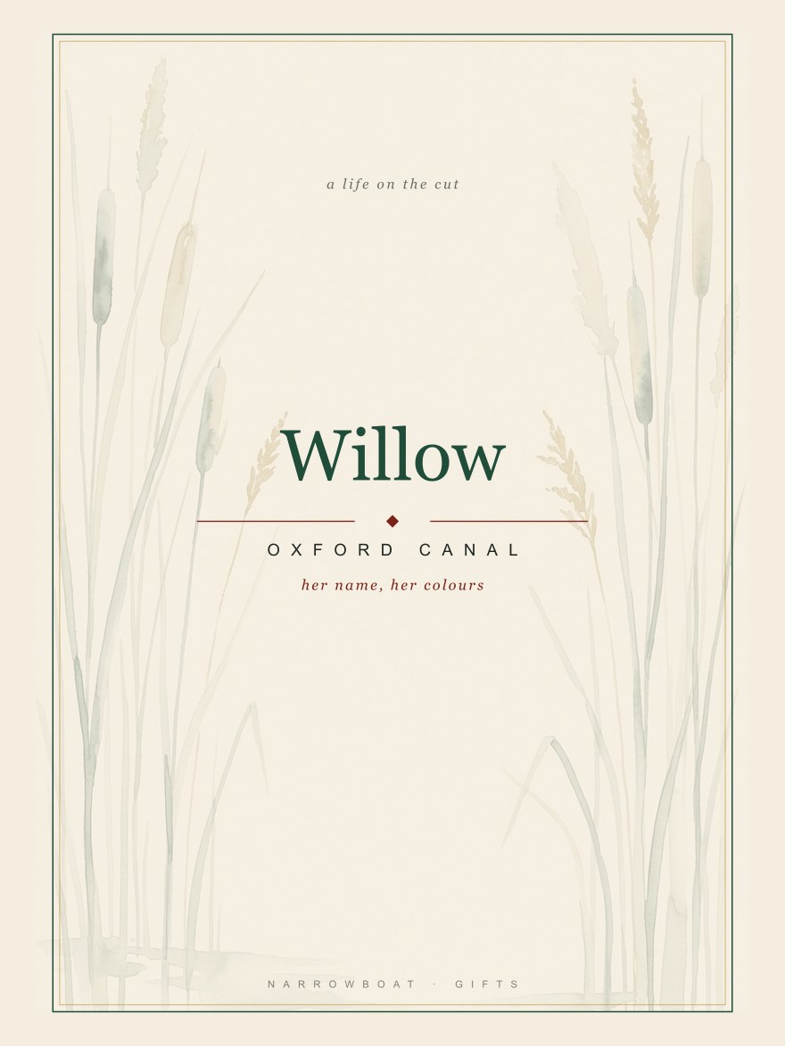 Narrowboat name print reading Willow, with Oxford Canal and "her name, her colours" set beneath it.