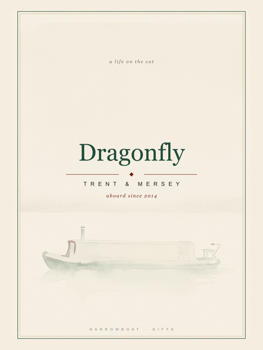Narrowboat name print reading Dragonfly, with Trent & Mersey and “aboard since 2014” set beneath it.