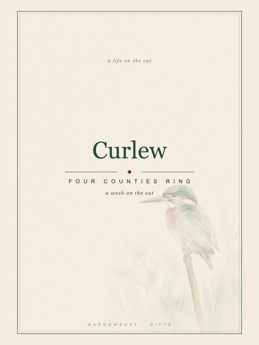 Narrowboat name print reading Curlew, with Four Counties Ring and “a week on the cut” set beneath it.