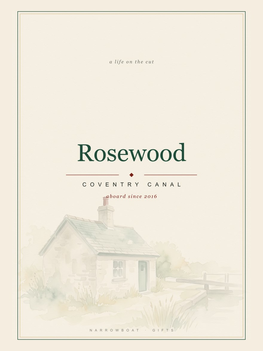 Narrowboat name print reading Rosewood, with Coventry Canal and “aboard since 2016” set beneath it.
