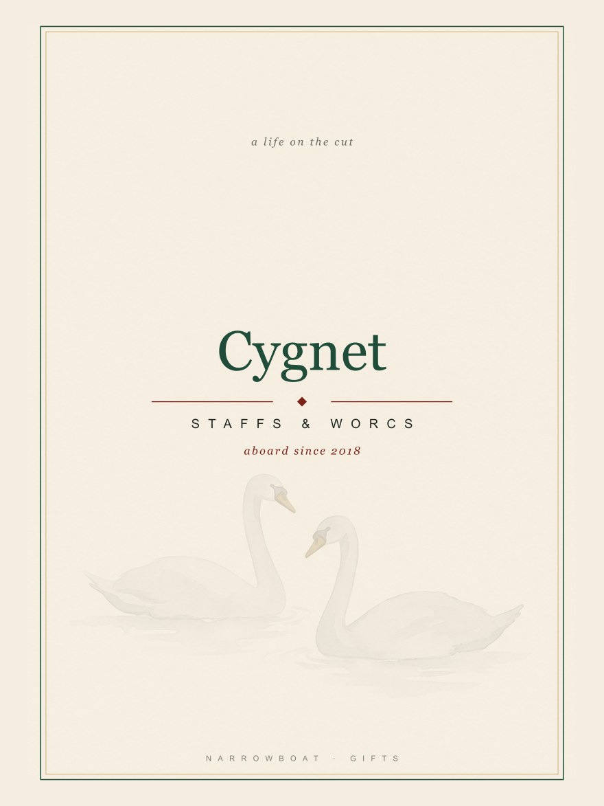 Narrowboat name print reading Cygnet, with Staffs & Worcs and “aboard since 2018” set beneath it.