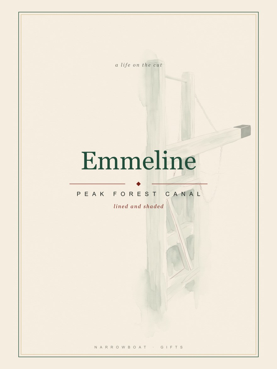 Narrowboat name print reading Emmeline, with Peak Forest Canal and “lined and shaded” set beneath it.