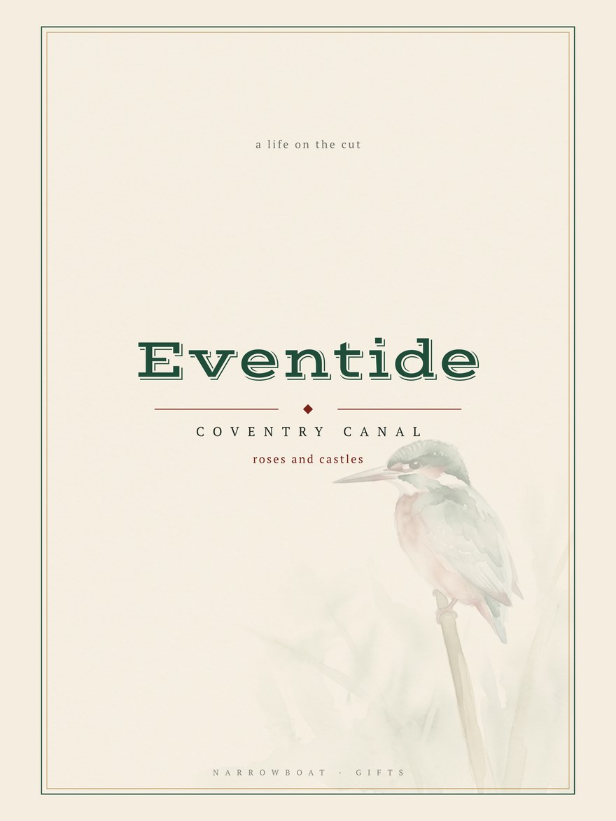 Narrowboat name print reading Eventide, with Coventry Canal and “roses and castles” set beneath it.
