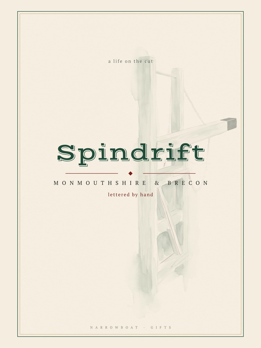 Narrowboat name print reading Spindrift, with Monmouthshire & Brecon and “lettered by hand” set beneath it.