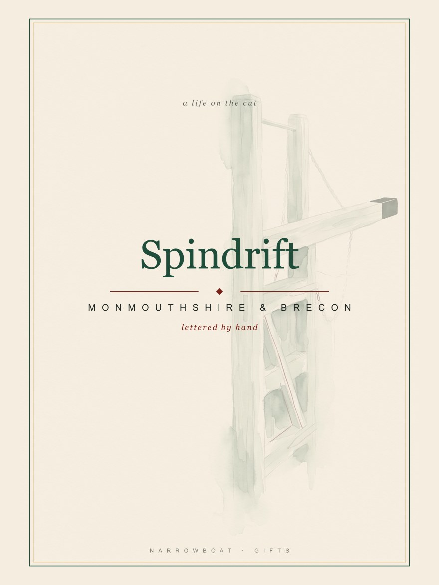 Narrowboat name print reading Spindrift, with Monmouthshire & Brecon and “lettered by hand” set beneath it.