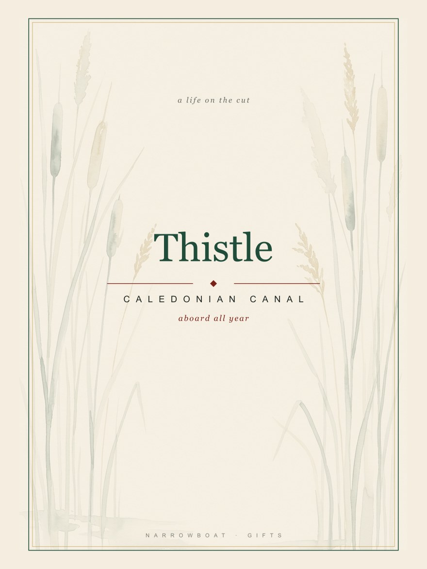 Narrowboat name print reading Thistle, with Caledonian Canal and “aboard all year” set beneath it.