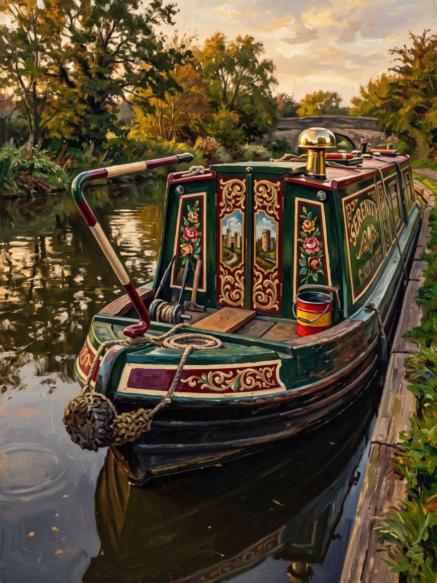 The bow and fore-end of a traditional working narrowboat in deep green and oxblood livery, as an oil painting.