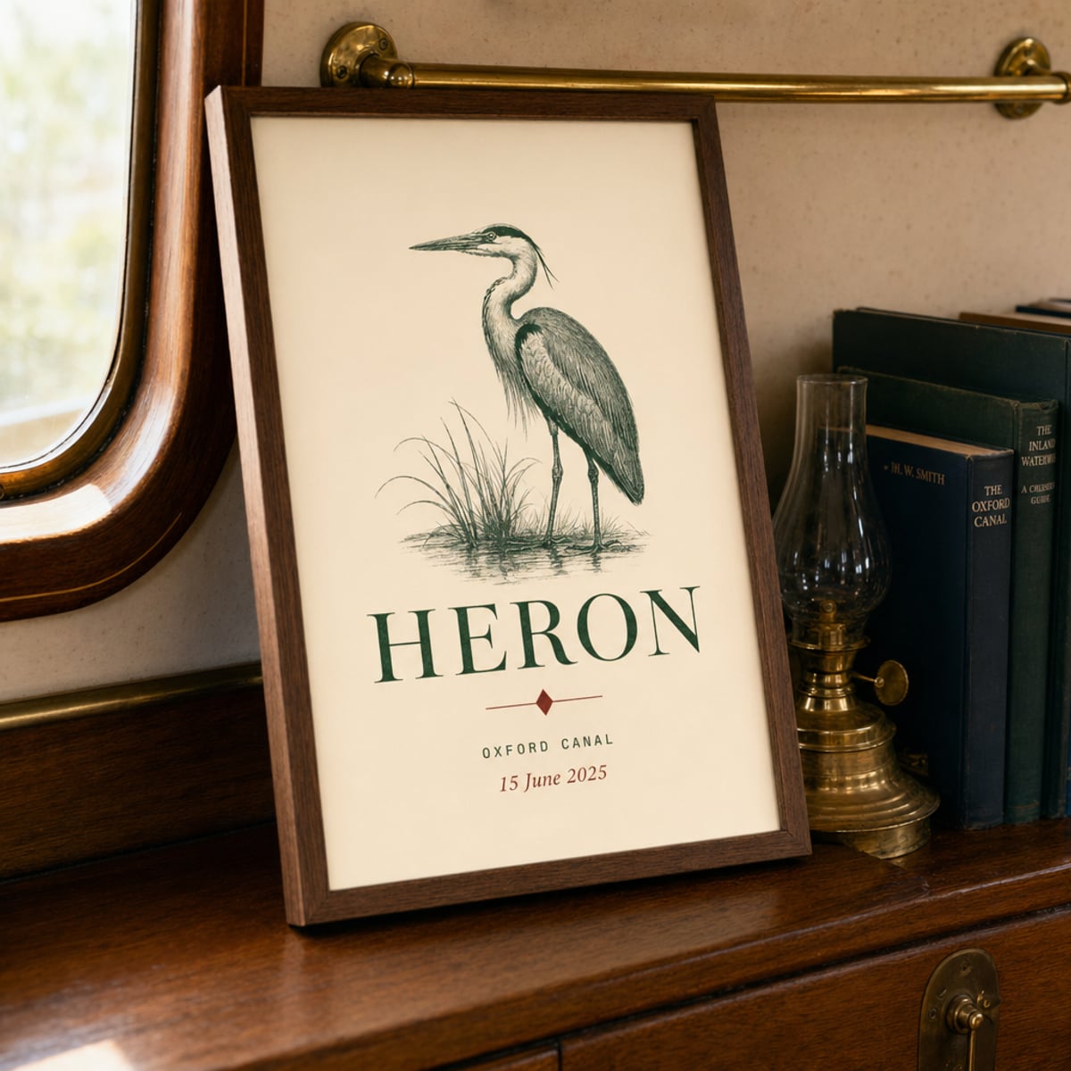 A framed personalised narrowboat name print on a polished walnut shelf in a canal-boat interior, brass oil lamp and stack of canal navigation books to the side, late-afternoon light