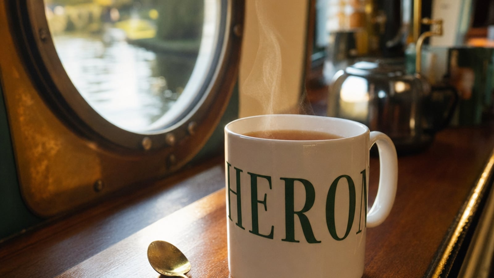 A personalised narrowboat name mug steaming on a galley counter with a brass spoon, porthole behind