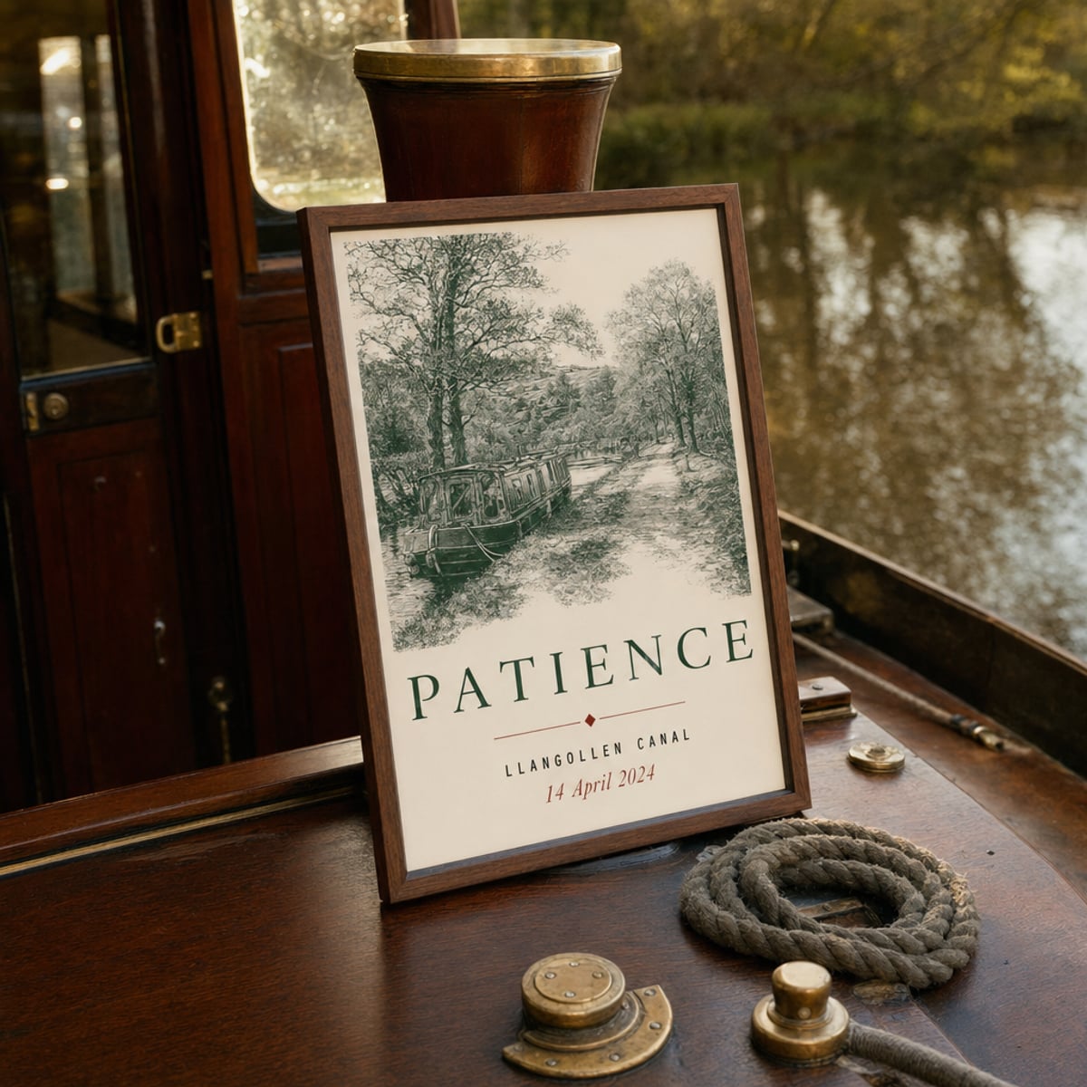 A framed personalised narrowboat name print propped against the brass tiller post of a moored canal boat, late afternoon golden hour