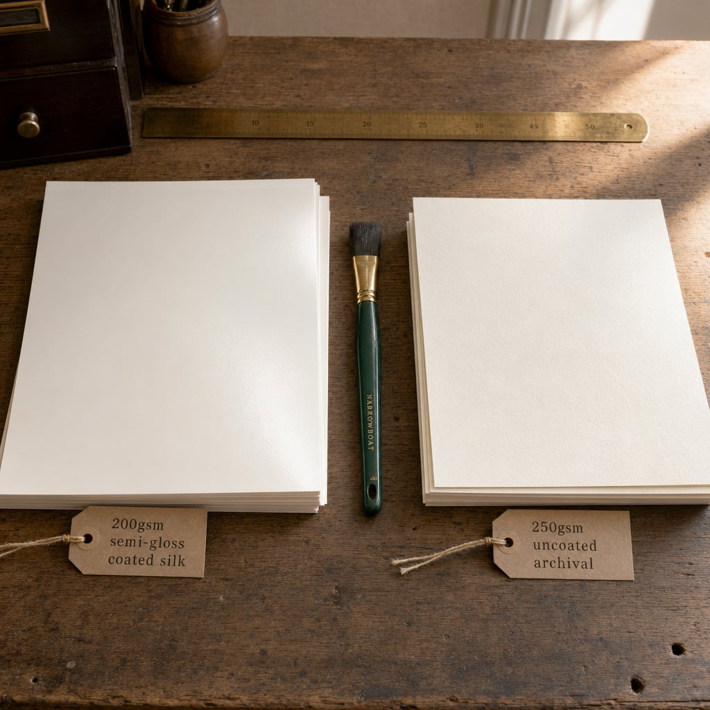 Two stacks of poster-printing paper side by side: 200gsm semi-gloss coated silk on the left, 250gsm uncoated archival on the right, with a varnish brush between them