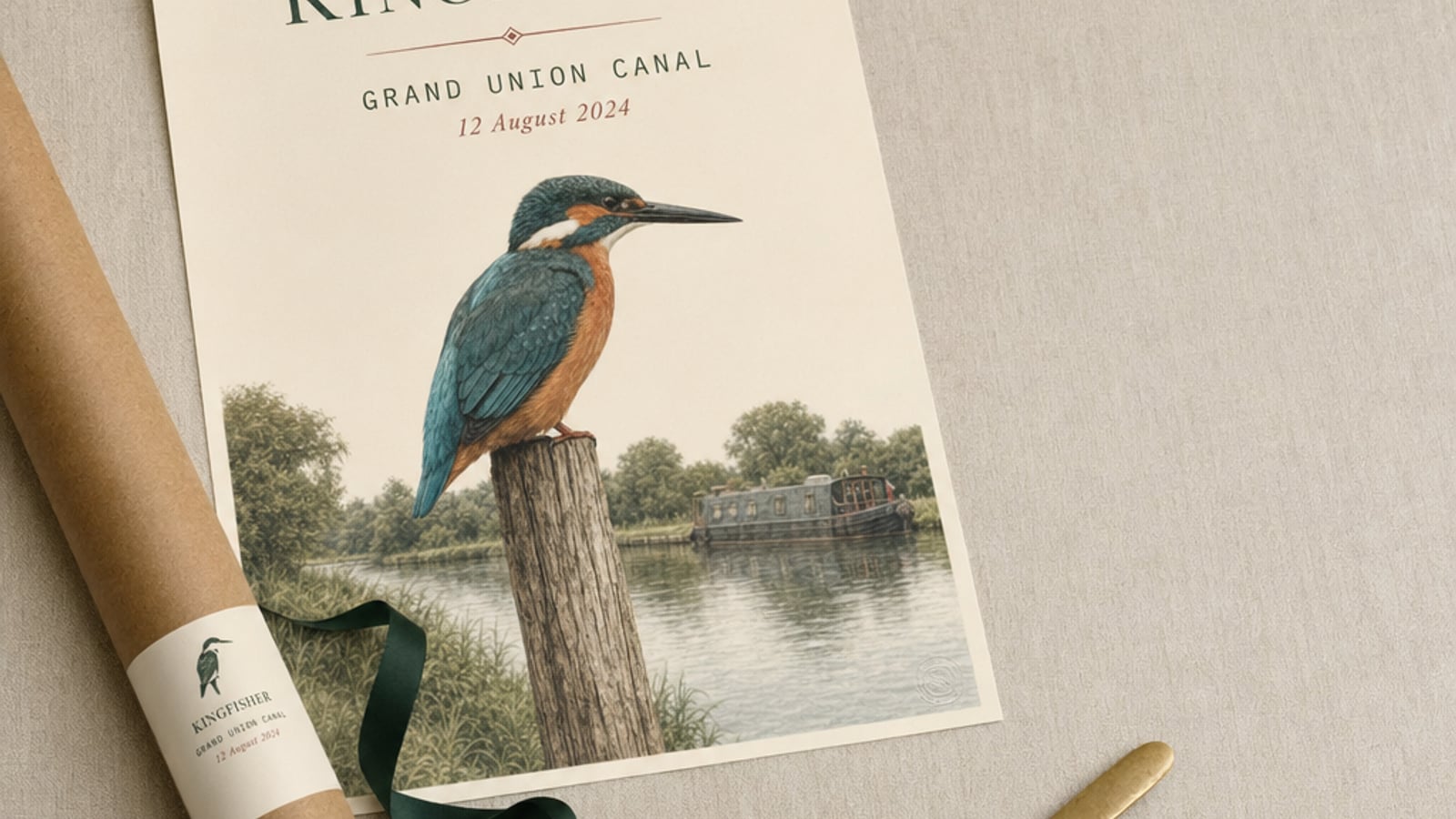 A flat-lay of a personalised narrowboat name print with its kraft mailing tube, ribbon, and parcel tag — how every order ships