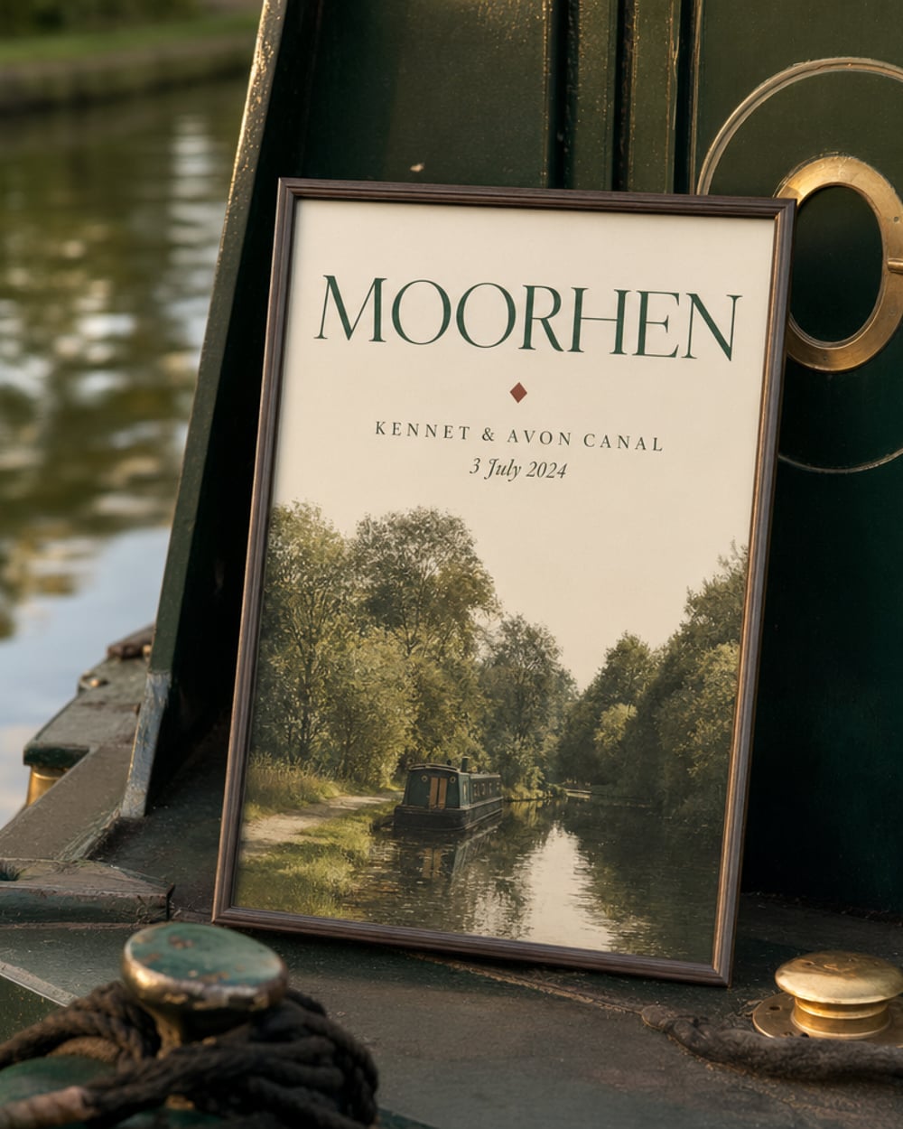 A framed personalised narrowboat name print propped against a bottle-green narrowboat hull at golden hour